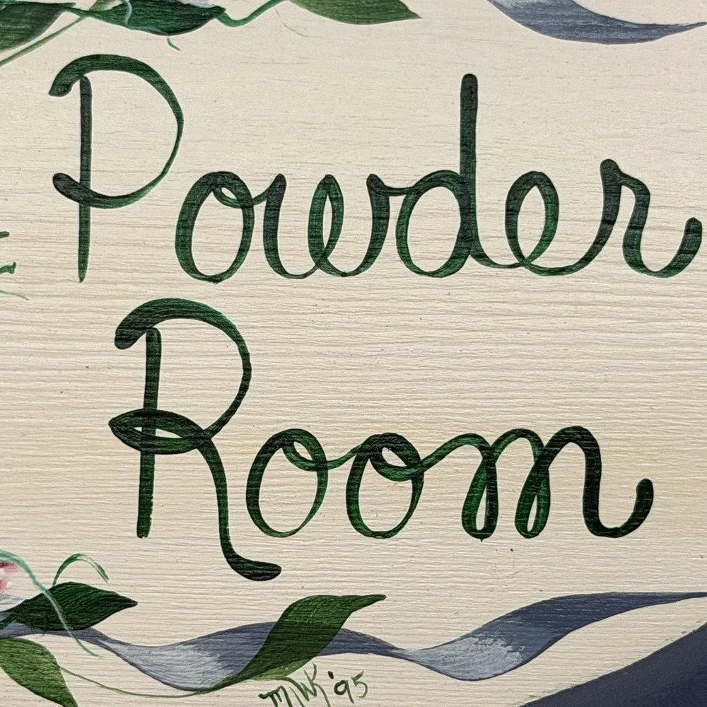 Vintage 80's Blue Country Bathroom Sign Hand Painted Floral Cottage Granny Core